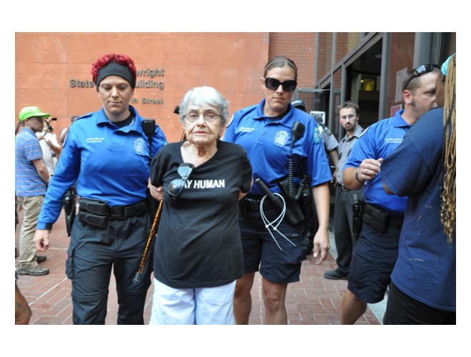 90-year-old Holocaust survivor Hedy Epstein—an activist in protesting Israel's crimes against the Palestinian people—was arrested Monday with eight others in St. Louis, MO protesting presence of National Guard. Photo: Steven Hsieh