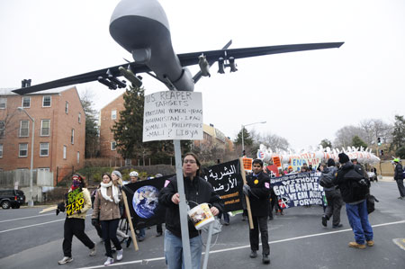 World Can't Wait and others protest Obama's use of drones at his inauguration in Washington, DC, January 21, 2013. (Photo: Li Onesto/Revolution)
