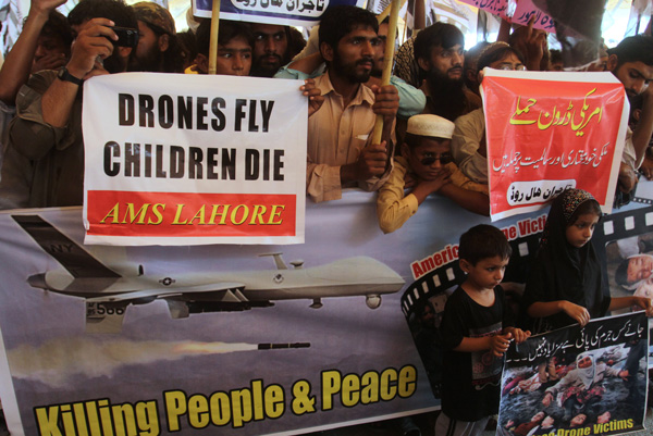 Protest in Lahore, Pakistan against U.S. drone attacks July 2013. Photo: AP