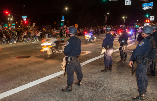 California highway cops block downtown LA freeway ramp, November 26, 2014