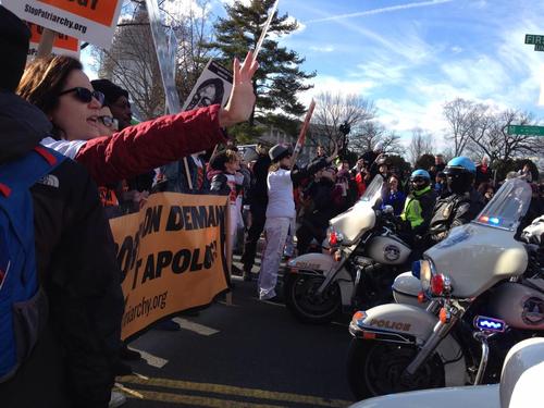 Brave protesters demanding "Abortion on demand and without apology!" STOPPED the so-called “March for Life” (march for forced motherhood), January 22, 2015, in Washington DC; 8 of them were arrested.