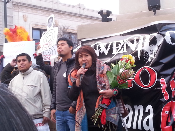 Chicago, April 4, 2015: María de Jesús Tlatempa Bello, mother of the disappeared student Jose Eduardo speaks at a march and rally in Chicago in support of victims of the massacre and kidnapping of 43 Ayotzinapa students in southern Mexico