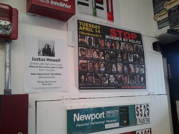 Posters at convenience store near where Justus Howell was murdered by police