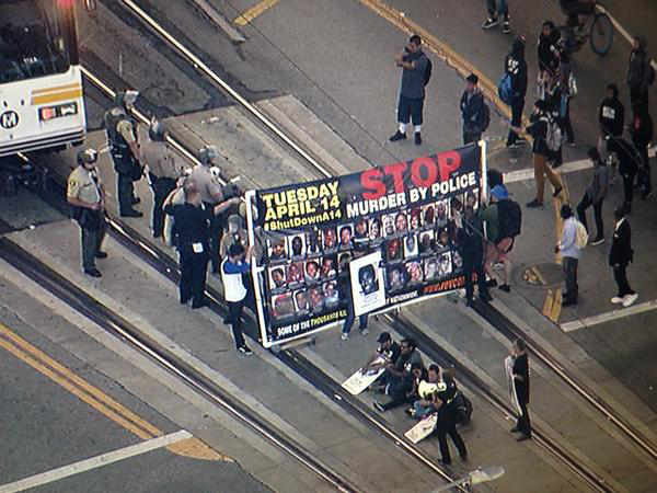 Blocking train in Los Angeles, April 14