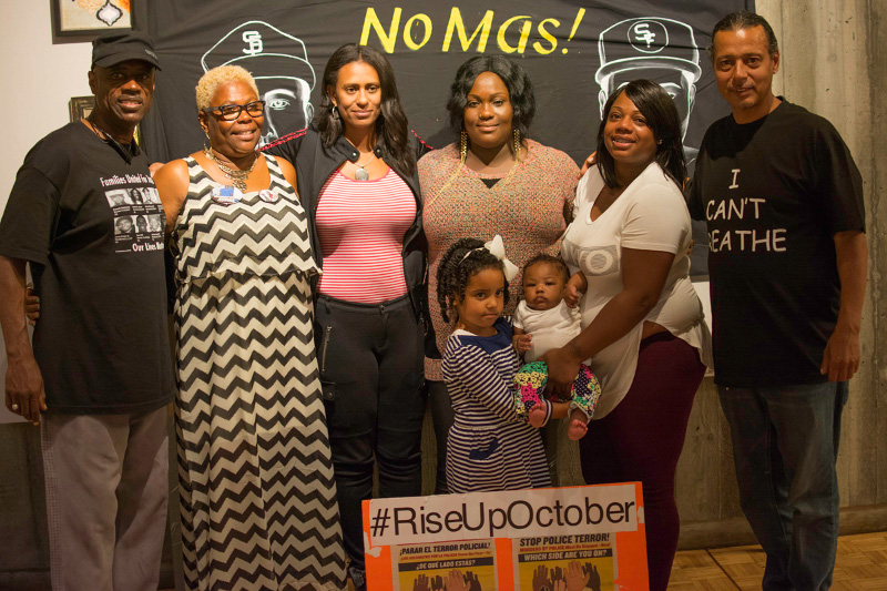 From left: Uncle Bobby (Cephus Johnson), uncle of Oscar Grant, killed by Bay Area Rapid Transit Police January 1, 2009; Angela Naggie, mother of O'Shaine Evans, killed by San Francisco police October 7, 2014; Gabrielle McCarter, wife of Rev. David McCarter, killed by Jasper Newton County, Texas sheriffs; Cadine Williams, sister of O'Shaine Evans; Chemika Hollis, partner of Nate Wilks, killed by Oakland police August 12, 2015; Carey Downs, father of James Rivera, Jr, killed by Stockton police July 22, 2010.