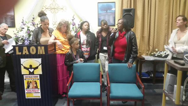 At the October 5 forum in Zion, Illinois—from left, Lorien Carter, aunt of Tony Robinson, murdered by Madison, Wisconsin, police; Sharon Irwin, Tony's grandmother; Lorien's daughter; LaToya Howell, mother of Justus Howell, murdered by Zion police; Gloria Pinex, mother of Darius Pinex, killed by Chicago police; Alice Howell, grandmother of Justus; Venus Anderson, mother of Christopher Anderson, killed by Highland Park, Illinois, police.
