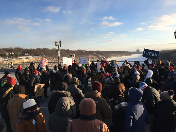 Protesters block bridge spanning the Mississippi River between Minneapolis and St. Paul, Minn., demanding justice for Jamar Clark and Marcus Golden, January 18.