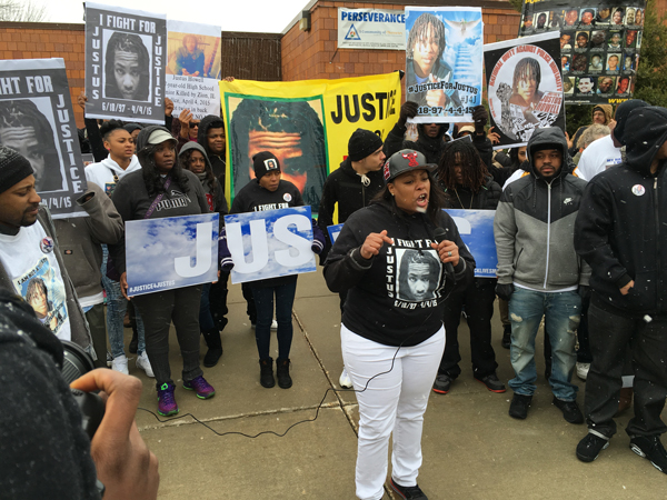 LaToya Howell demands justice for her son Justus, murdered by Zion, IL police on April 4, 2015.