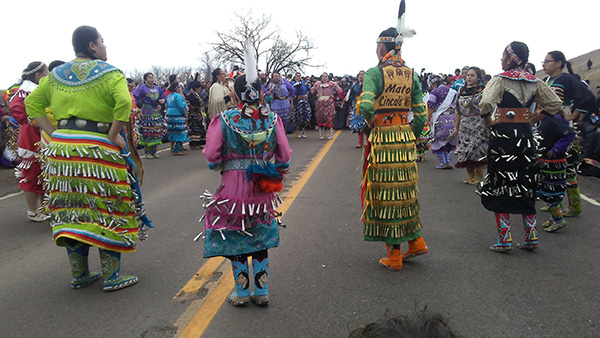 About 200 people came out onto the road Saturday afternoon for a prayer walk/dance ceremony/drum circle that would provide a presence on the road while some of the elders went to talk with  police about the police moving the blockade