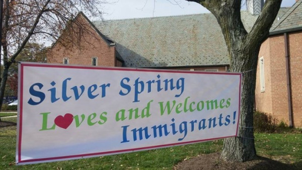 Banner in front of the Episcopal Church of Our Saviour in Silver Springs, Maryland, that replaced the one defaced by fascists