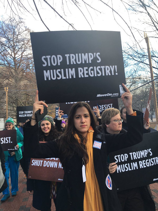 December 12 protest at the Justice Department in Washington D.C. against Trump's threatened registration of Muslims.