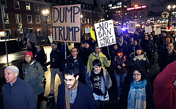 The Harvard Islamic Society, the Society of Arab Students and other student groups marched through Harvard Square, Cambridge, MA on March 7 to protest Trump's new travel ban.