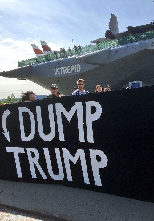 Banner raised where Trump spoke at the Intrepid.