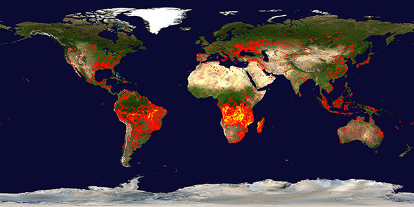 Fires recorded by NASA Terra and Aqua satellites over a 10-day period (August 28-September 6, 2016)