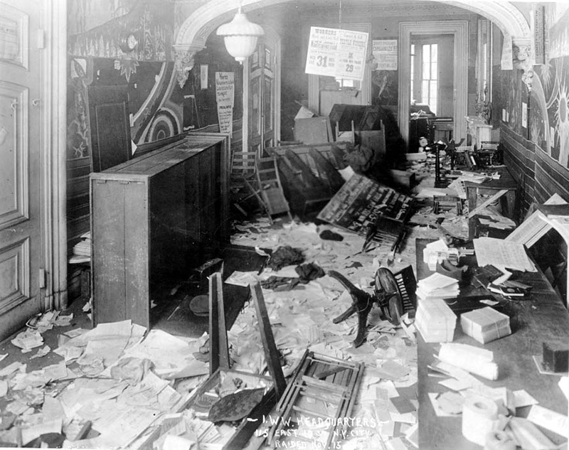 Inside the IWW office in New York after the raid of November 15, 1919, furniture is broken and overturned and papers are scattered everywhere.